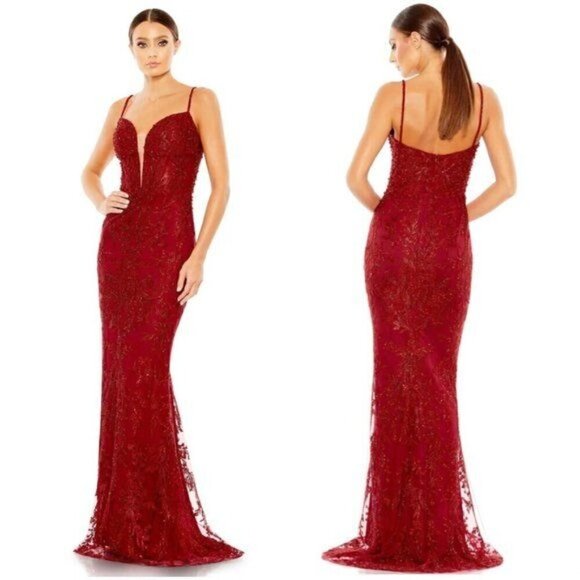 MAC DUGGAL 20330 Embroidered Floral Plunge Neck Illusion Red Evening Gown Size 2 - Picture 1 of 5